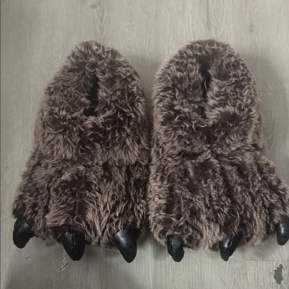 Furry Brown Paw Slippers with Claws
